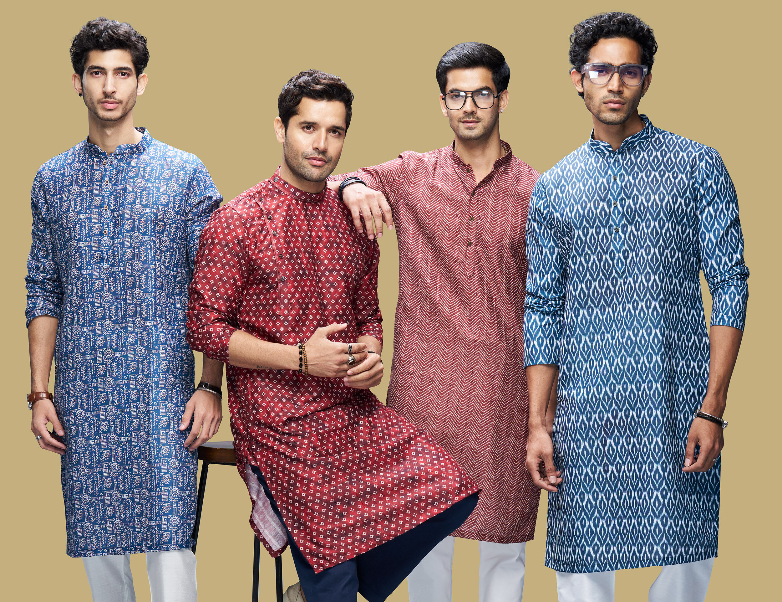 Men in printed kurtas showcase ethnic styling with contemporary patterns, tailored fits, and versatile festive appeal.